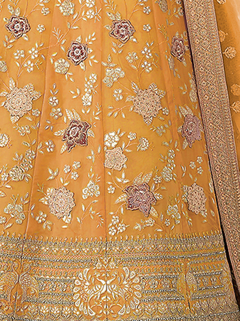 Yellow Embroidered Organza Semi Stitched Lehenga With Unstitched Blouse Clothsvilla