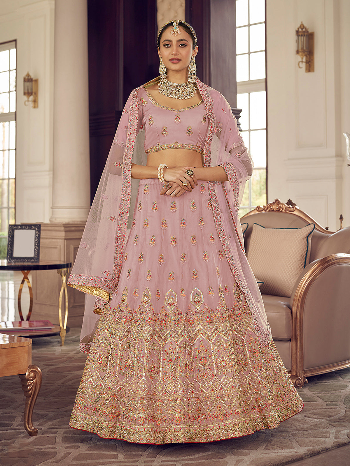 Pink Organza Semi Stitched Lehenga With Unstitched Blouse Clothsvilla Main image