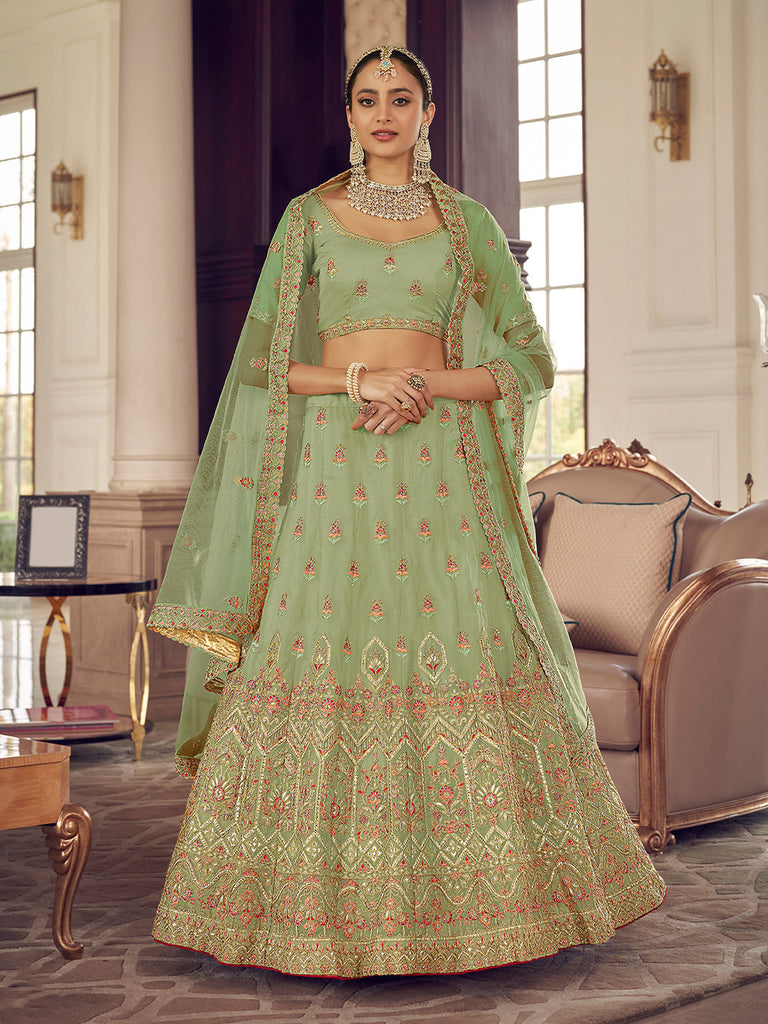 Green Organza Semi Stitched Lehenga With Unstitched Blouse Clothsvilla