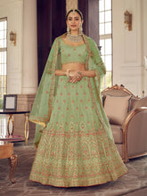 Load image into Gallery viewer, Green Organza Semi Stitched Lehenga With Unstitched Blouse Clothsvilla