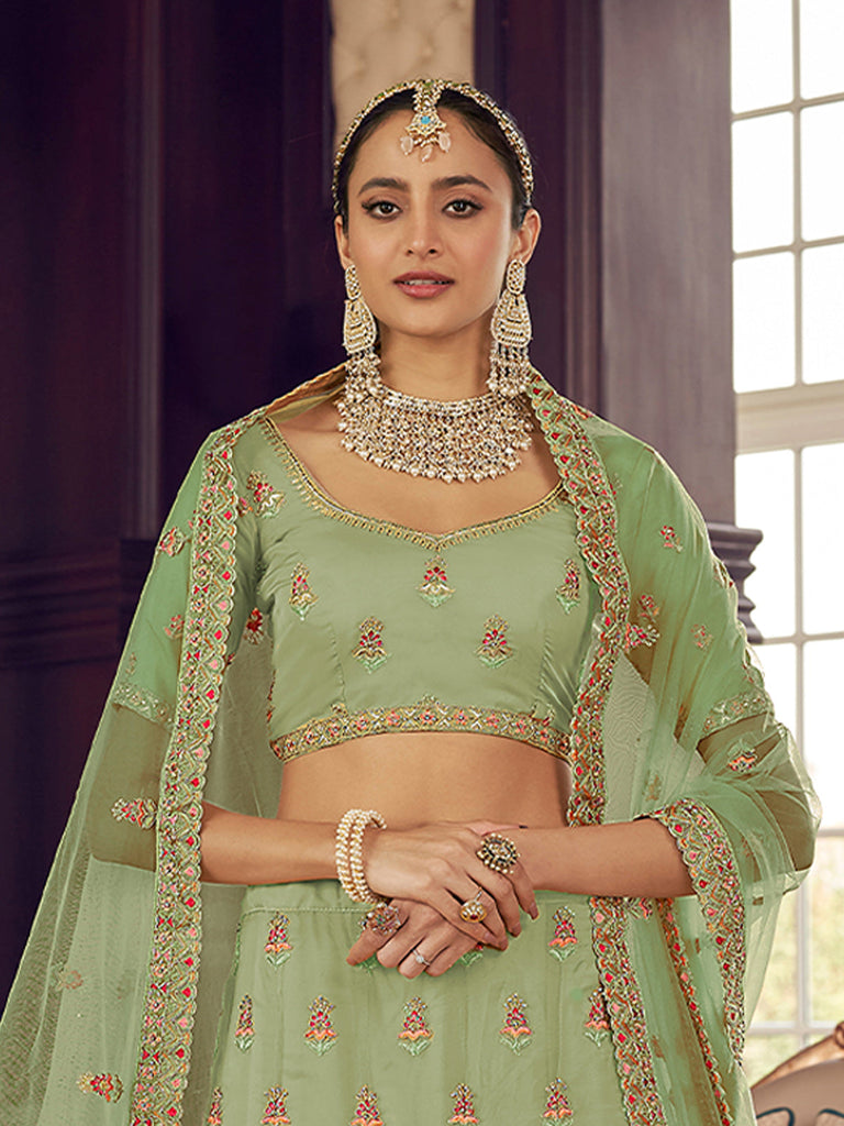 Green Organza Semi Stitched Lehenga With Unstitched Blouse Clothsvilla