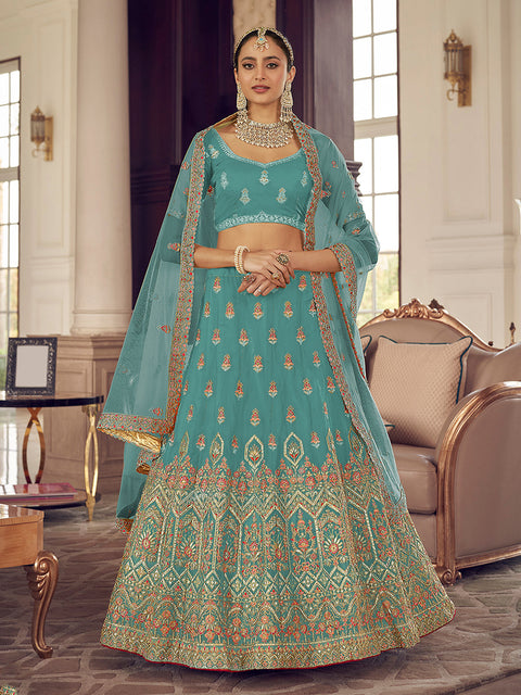 Light Blue Embroidered Organza Semi Stitched Lehenga With Unstitched Blouse Clothsvilla Main image