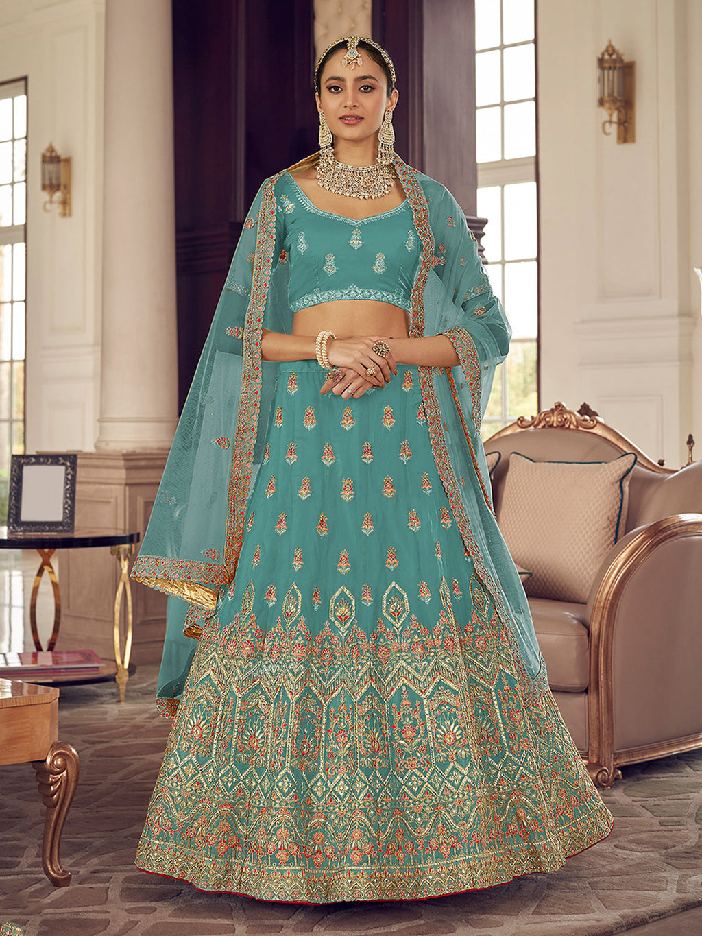 Light Blue Embroidered Organza Semi Stitched Lehenga With Unstitched Blouse Clothsvilla