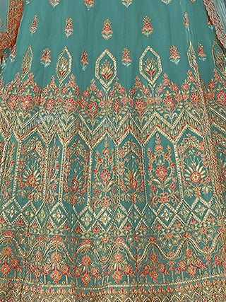 Light Blue Embroidered Organza Semi Stitched Lehenga With Unstitched Blouse Clothsvilla