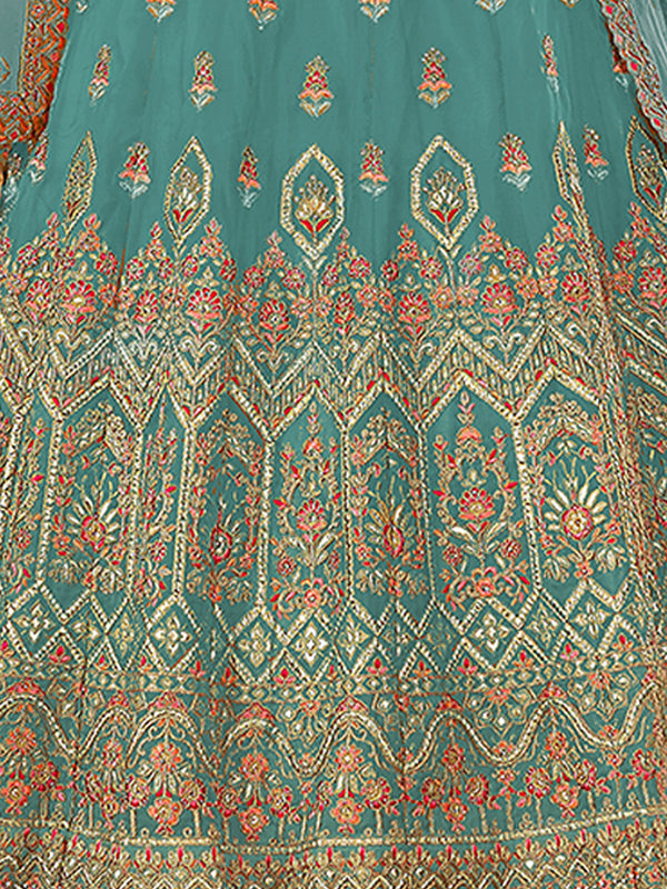 Light Blue Embroidered Organza Semi Stitched Lehenga With Unstitched Blouse Clothsvilla