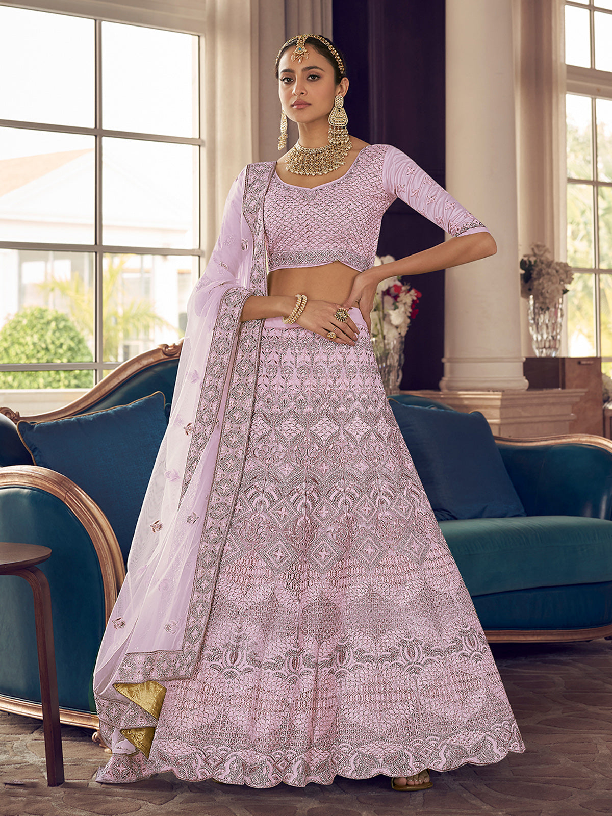Pink Embroidered Crepe Semi Stitched Lehenga With Unstitched Blouse Clothsvilla Main image