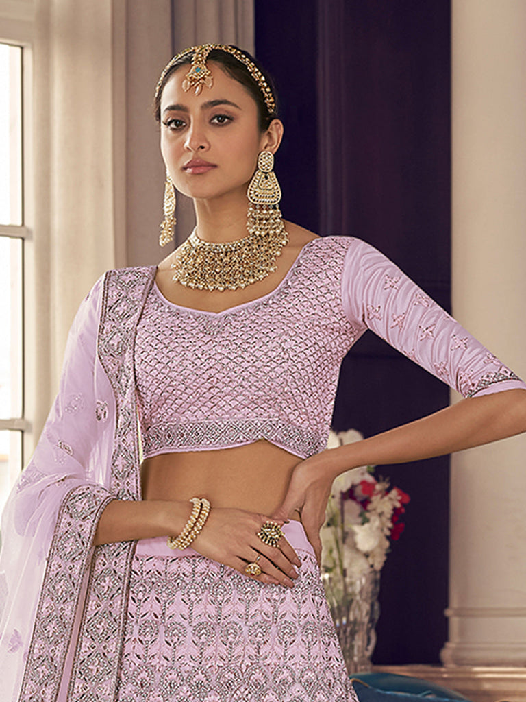 Pink Embroidered Crepe Semi Stitched Lehenga With Unstitched Blouse Clothsvilla