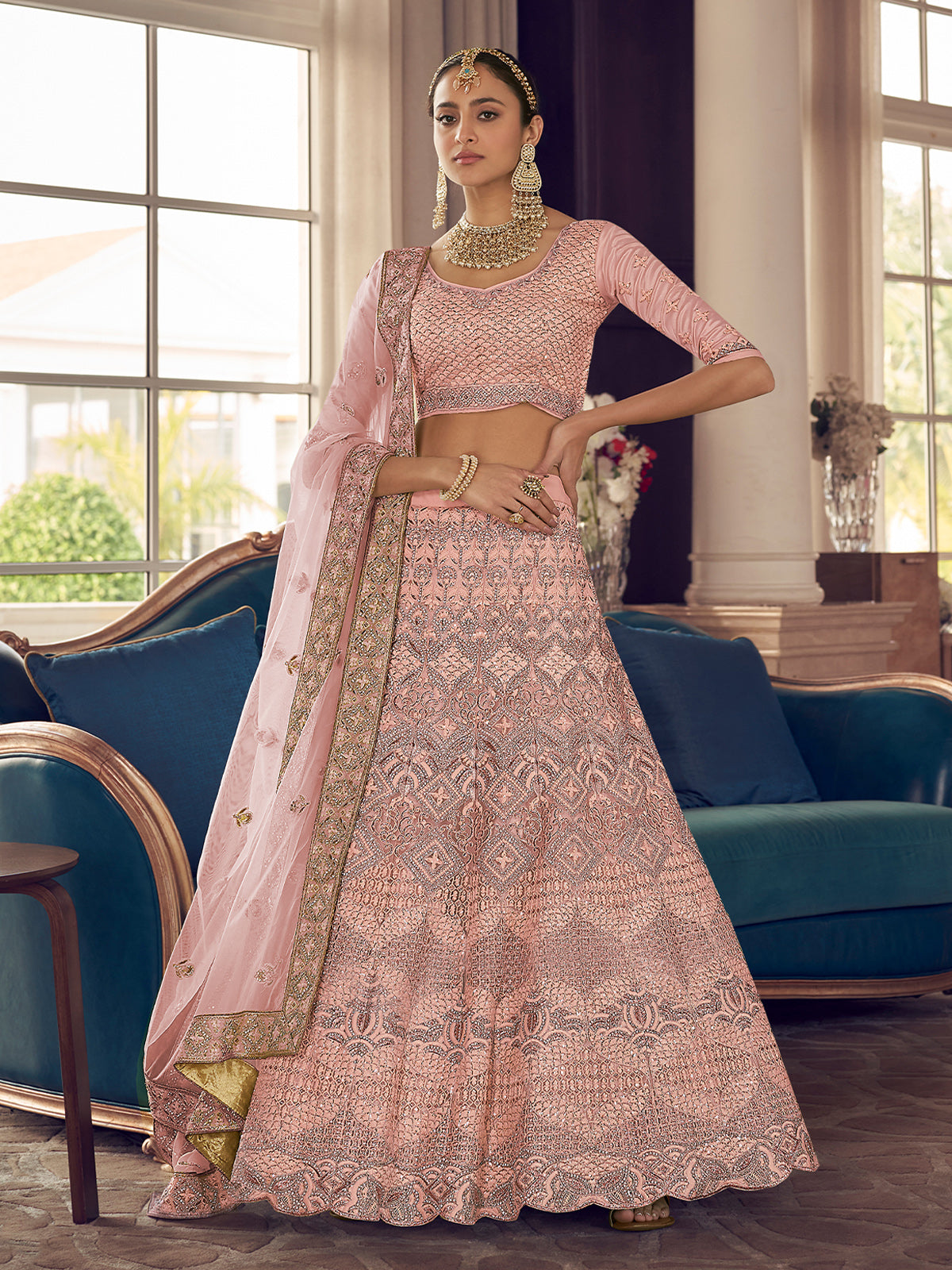 Peach Crepe Semi Stitched Lehenga With Unstitched Blouse Clothsvilla Main image