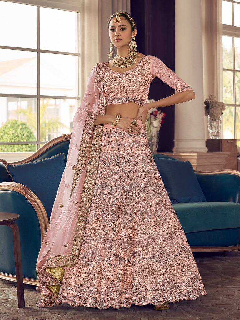 Peach Crepe Semi Stitched Lehenga With Unstitched Blouse Clothsvilla