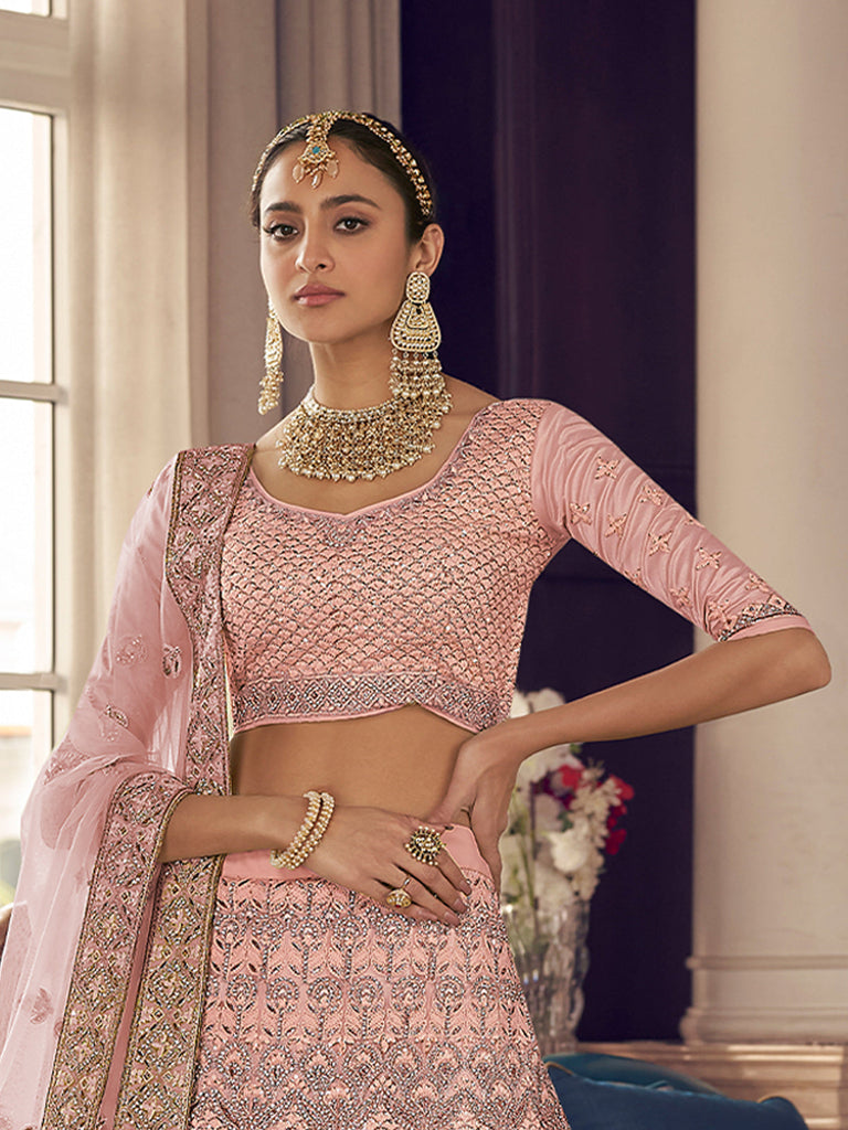 Peach Crepe Semi Stitched Lehenga With Unstitched Blouse Clothsvilla