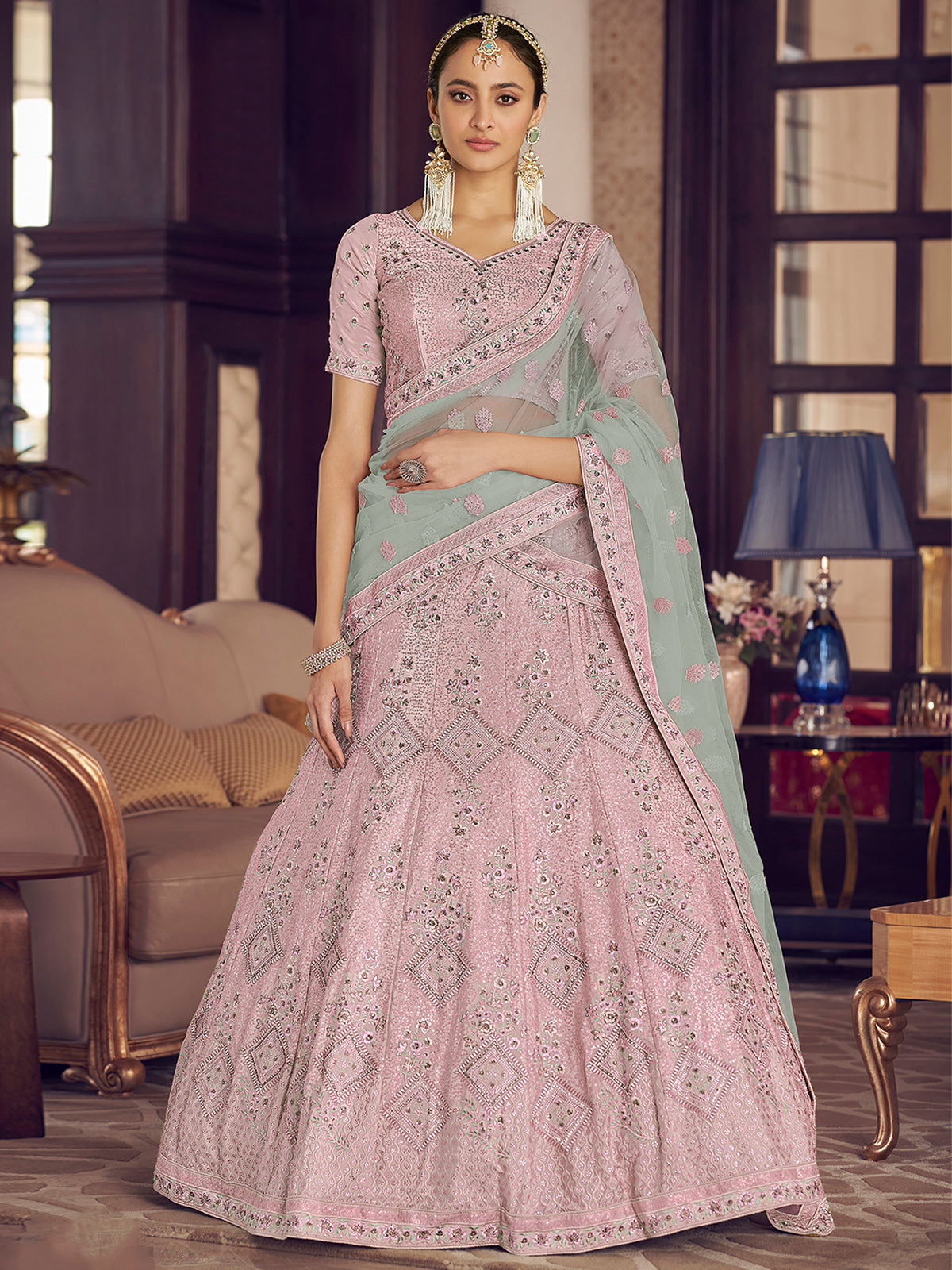 Pink Embroidered Semi Stitched Lehenga With Unstitched Blouse Clothsvilla Main image