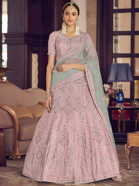 Pink Embroidered Semi Stitched Lehenga With Unstitched Blouse Clothsvilla Main image