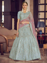 Load image into Gallery viewer, Light Blue Embroidered Crepe Semi Stitched Lehenga With Unstitched Blouse Clothsvilla