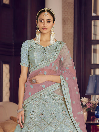 Light Blue Embroidered Crepe Semi Stitched Lehenga With Unstitched Blouse Clothsvilla