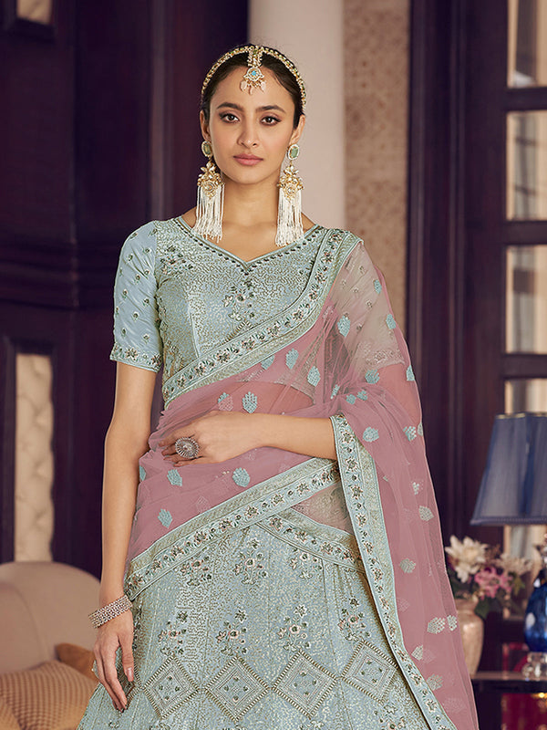 Light Blue Embroidered Crepe Semi Stitched Lehenga With Unstitched Blouse Clothsvilla