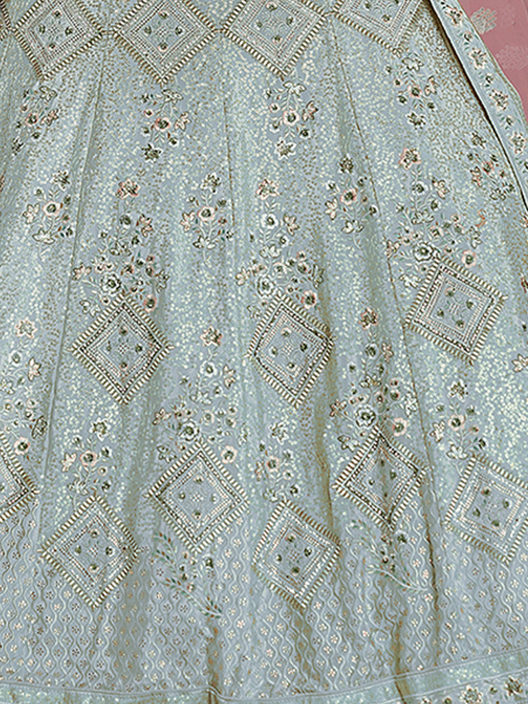 Light Blue Embroidered Crepe Semi Stitched Lehenga With Unstitched Blouse Clothsvilla