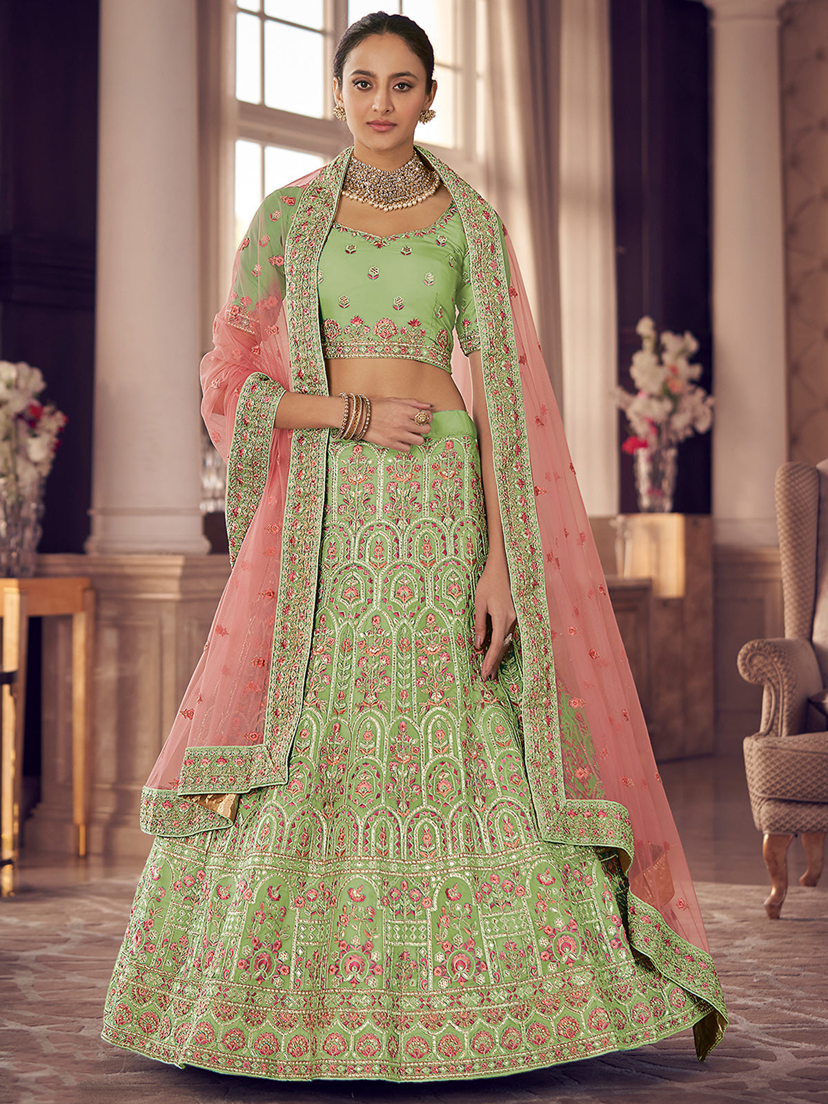 Green Embroidered Organza Semi Stitched Lehenga With Unstitched Blouse Clothsvilla Main image