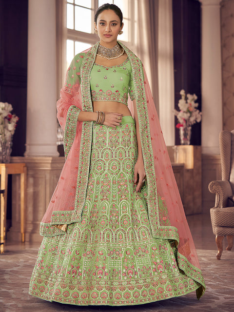 Green Embroidered Organza Semi Stitched Lehenga With Unstitched Blouse Clothsvilla Main image
