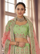 Load image into Gallery viewer, Green Embroidered Organza Semi Stitched Lehenga With Unstitched Blouse Clothsvilla