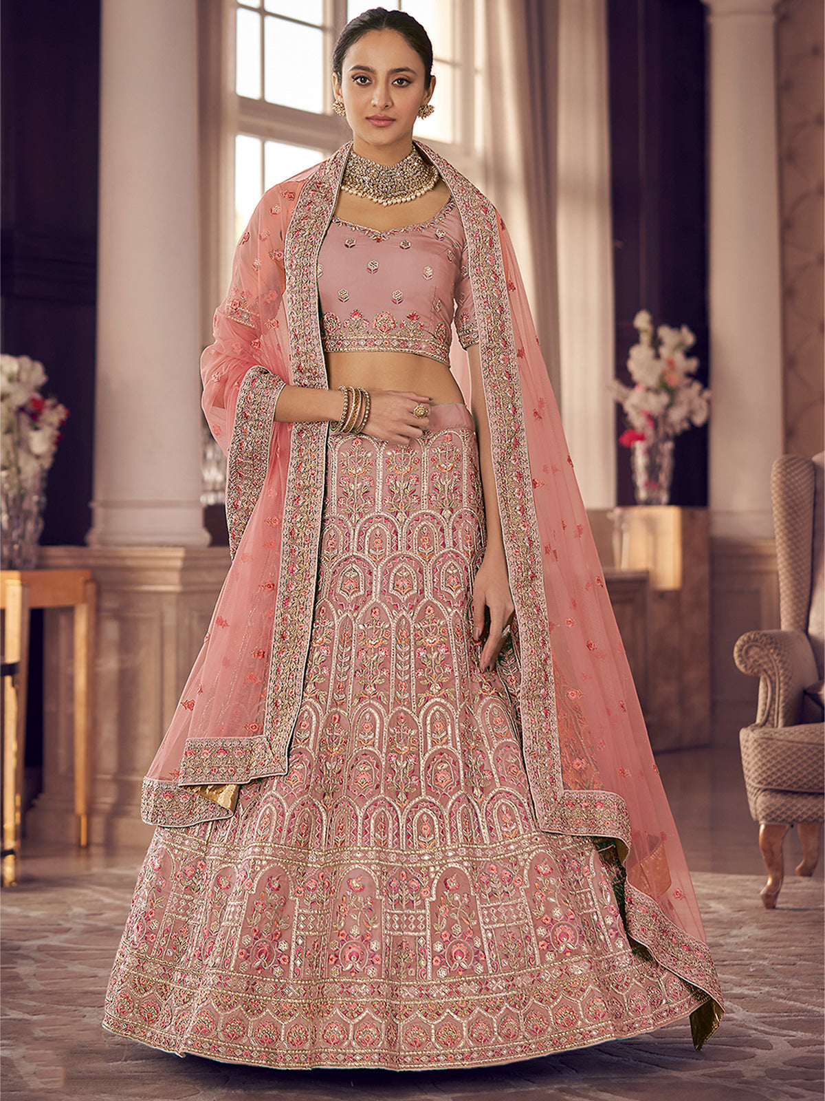 Peach Embroidered Organza Semi Stitched Lehenga With Unstitched Blouse Clothsvilla Main image