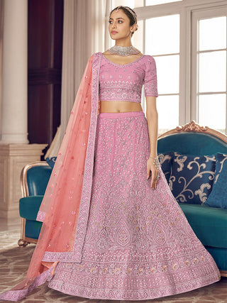 Pink Embroidered Organza Semi Stitched Lehenga With Unstitched Blouse Clothsvilla