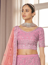 Load image into Gallery viewer, Pink Embroidered Organza Semi Stitched Lehenga With Unstitched Blouse Clothsvilla