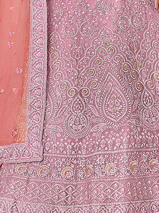 Pink Embroidered Organza Semi Stitched Lehenga With Unstitched Blouse Clothsvilla