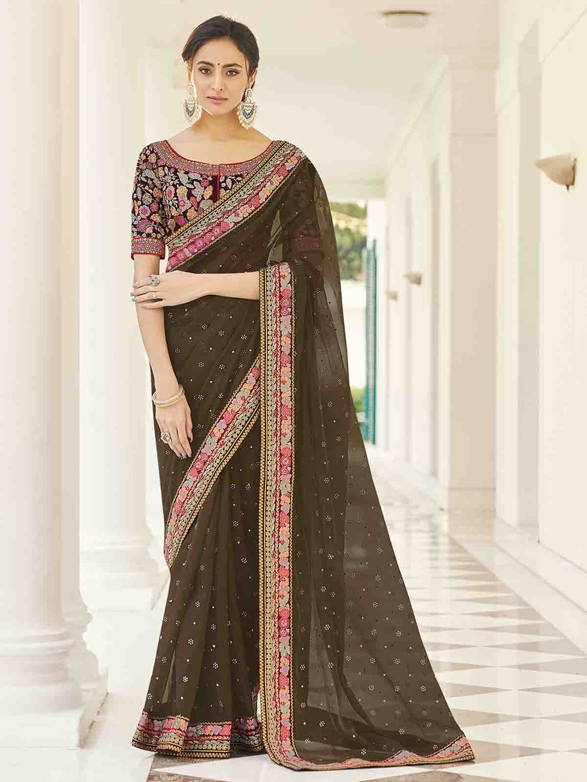 Olive Organza Embroidered Saree With Unstitched Blouse Clothsvilla Main image