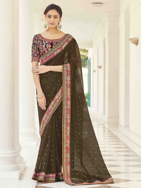 Olive Organza Embroidered Saree With Unstitched Blouse Clothsvilla Main image