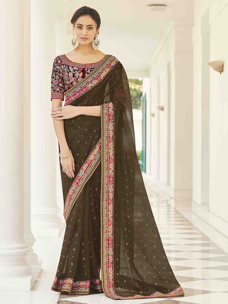 Olive Organza Embroidered Saree With Unstitched Blouse Clothsvilla