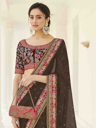 Olive Organza Embroidered Saree With Unstitched Blouse Clothsvilla