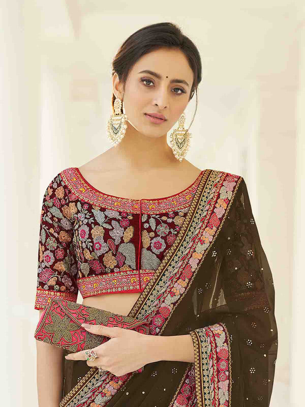 Olive Organza Embroidered Saree With Unstitched Blouse Clothsvilla