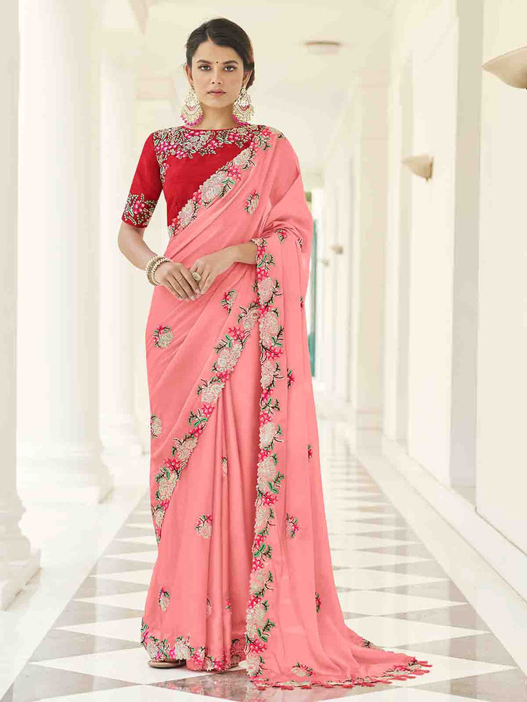 Pink Georgette Embroidered Saree With Unstitched Blouse Clothsvilla