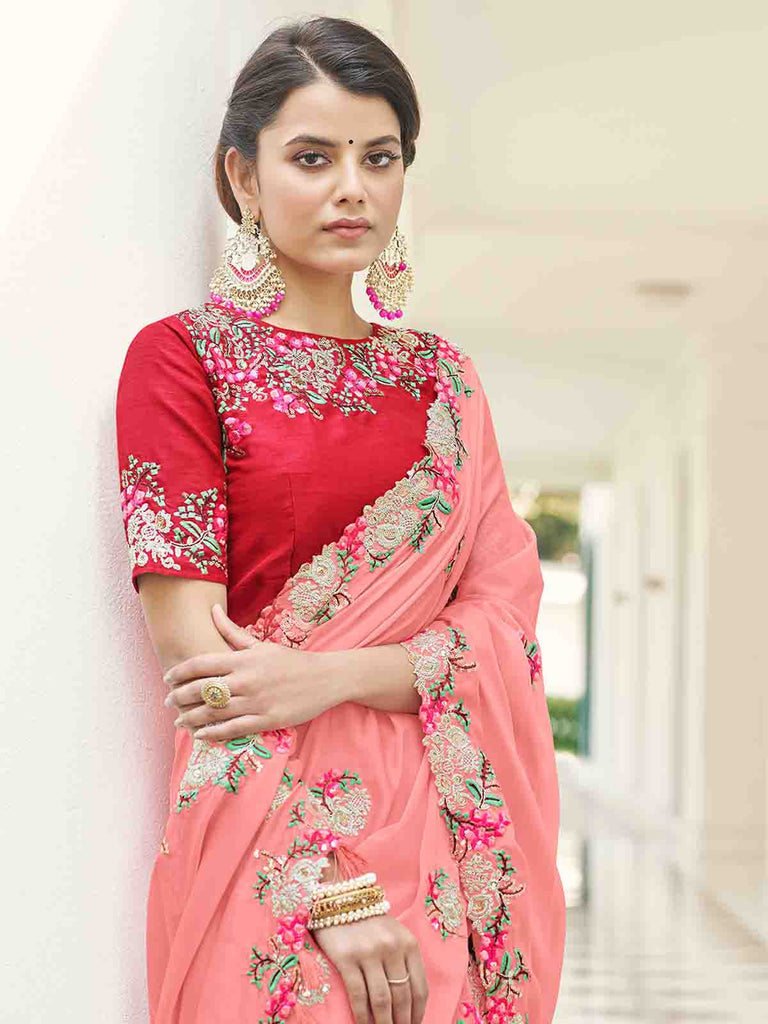 Pink Georgette Embroidered Saree With Unstitched Blouse Clothsvilla