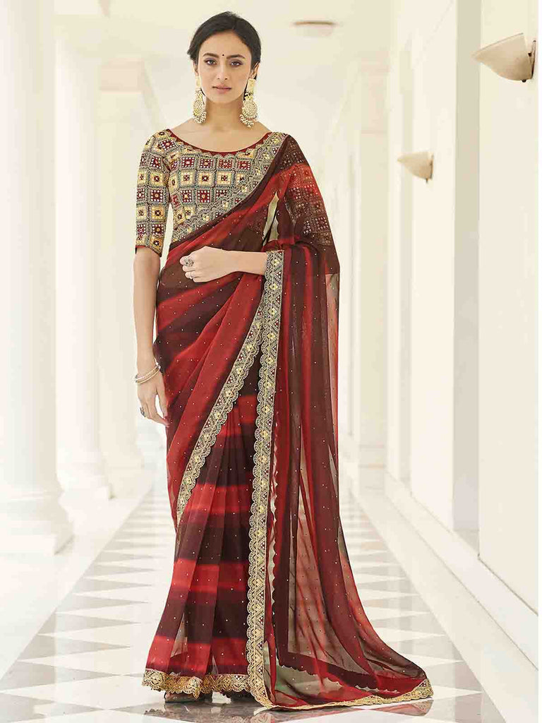 Brown Organza Embroidered Saree With Unstitched Blouse Clothsvilla