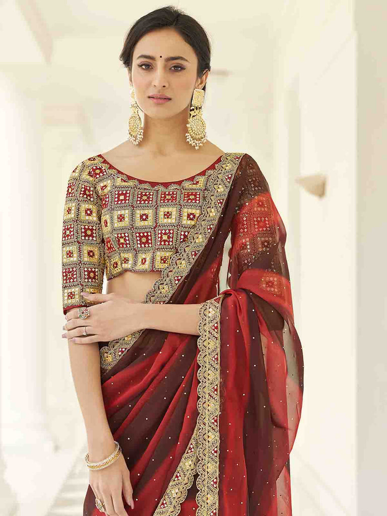 Brown Organza Embroidered Saree With Unstitched Blouse Clothsvilla