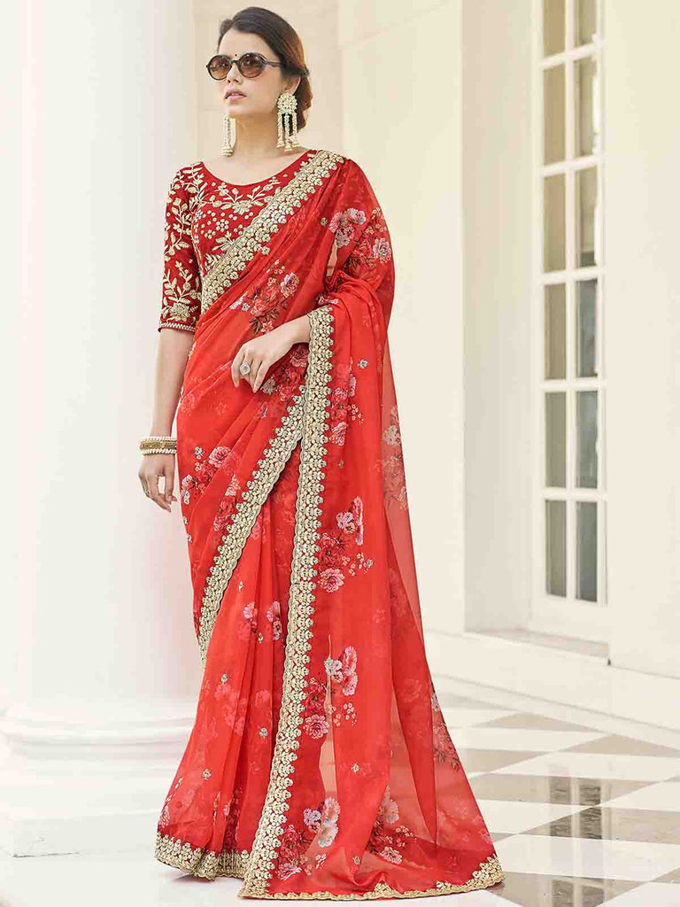 Red Organza Embroidered Saree With Unstitched Blouse Clothsvilla