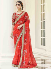 Load image into Gallery viewer, Red Organza Embroidered Saree With Unstitched Blouse Clothsvilla