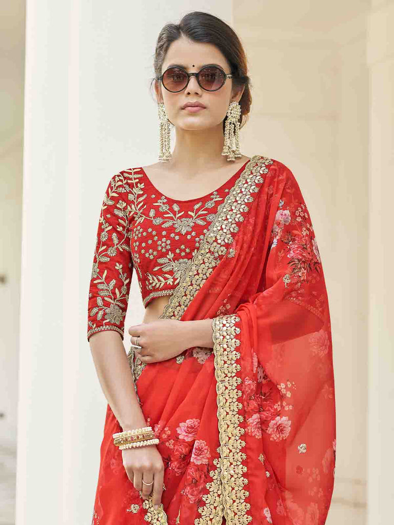 Red Organza Embroidered Saree With Unstitched Blouse Clothsvilla