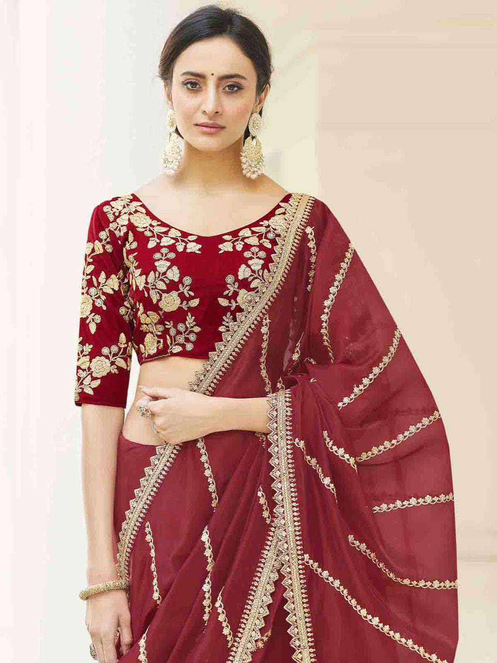 Maroon Organza Embroidered Saree With Unstitched Blouse Clothsvilla