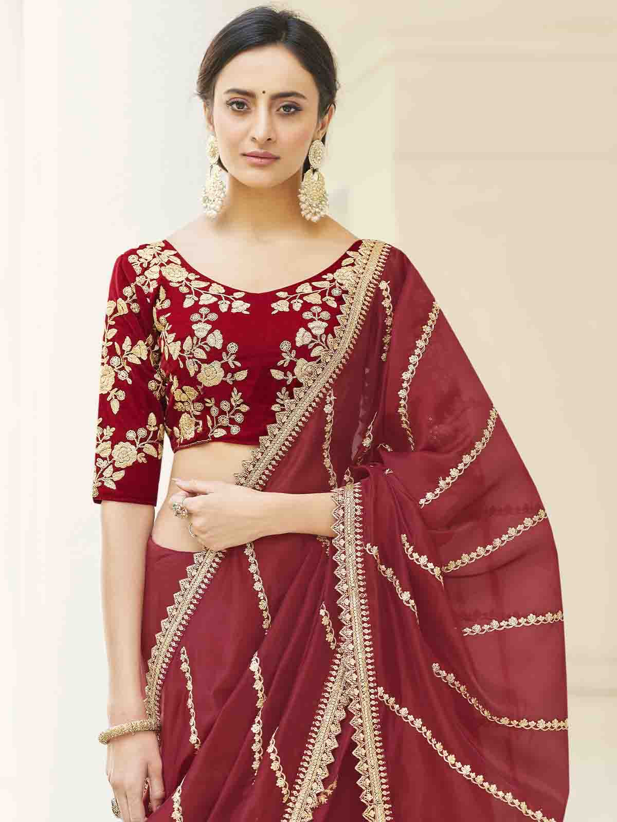 Maroon Organza Embroidered Saree With Unstitched Blouse Clothsvilla