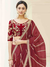 Load image into Gallery viewer, Maroon Organza Embroidered Saree With Unstitched Blouse Clothsvilla
