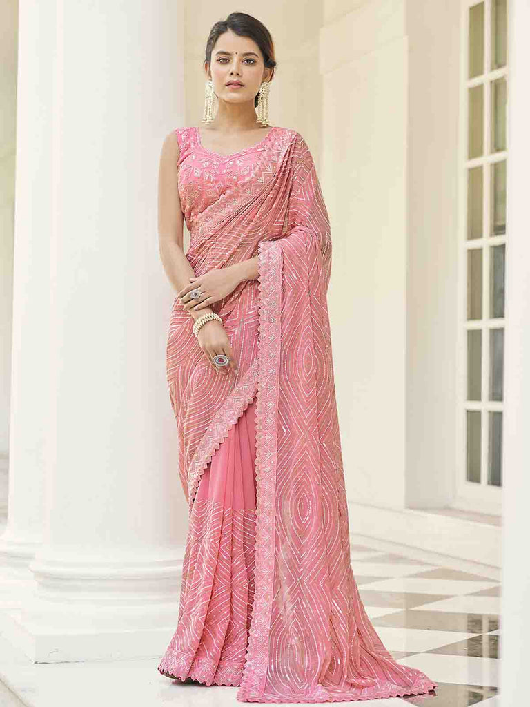 Pink Georgette Embroidered Saree With Unstitched Blouse Clothsvilla