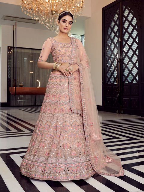 Peach  Soft Net Semi Stitched Lehenga With  Unstitched Blouse Clothsvilla Main image