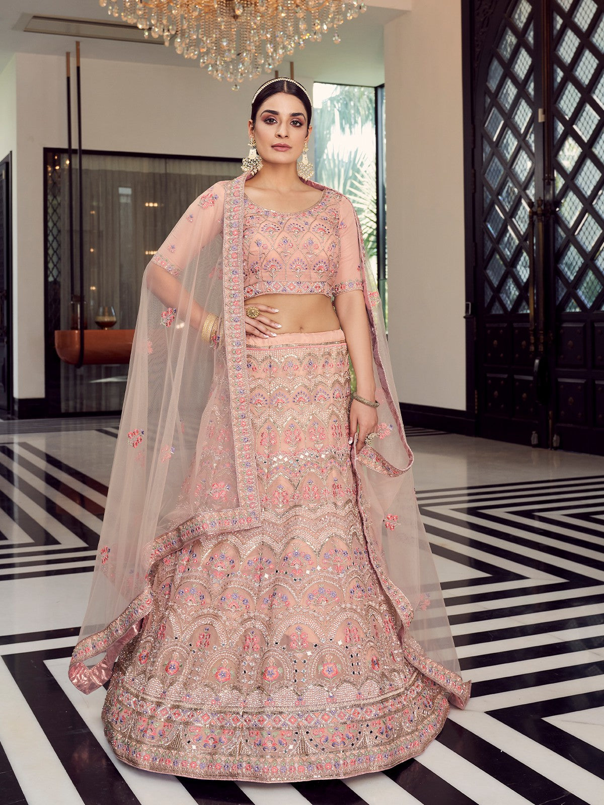 Peach  Soft Net Semi Stitched Lehenga With  Unstitched Blouse Clothsvilla