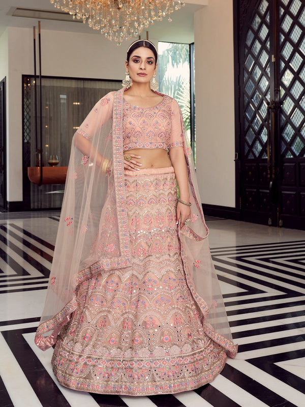 Peach  Soft Net Semi Stitched Lehenga With  Unstitched Blouse Clothsvilla