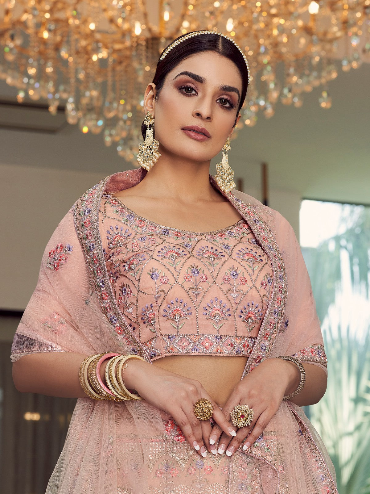 Peach  Soft Net Semi Stitched Lehenga With  Unstitched Blouse Clothsvilla