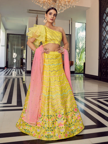 Designer Yellow Art Silk Semi Stitched Lehenga With  Unstitched Blouse Clothsvilla