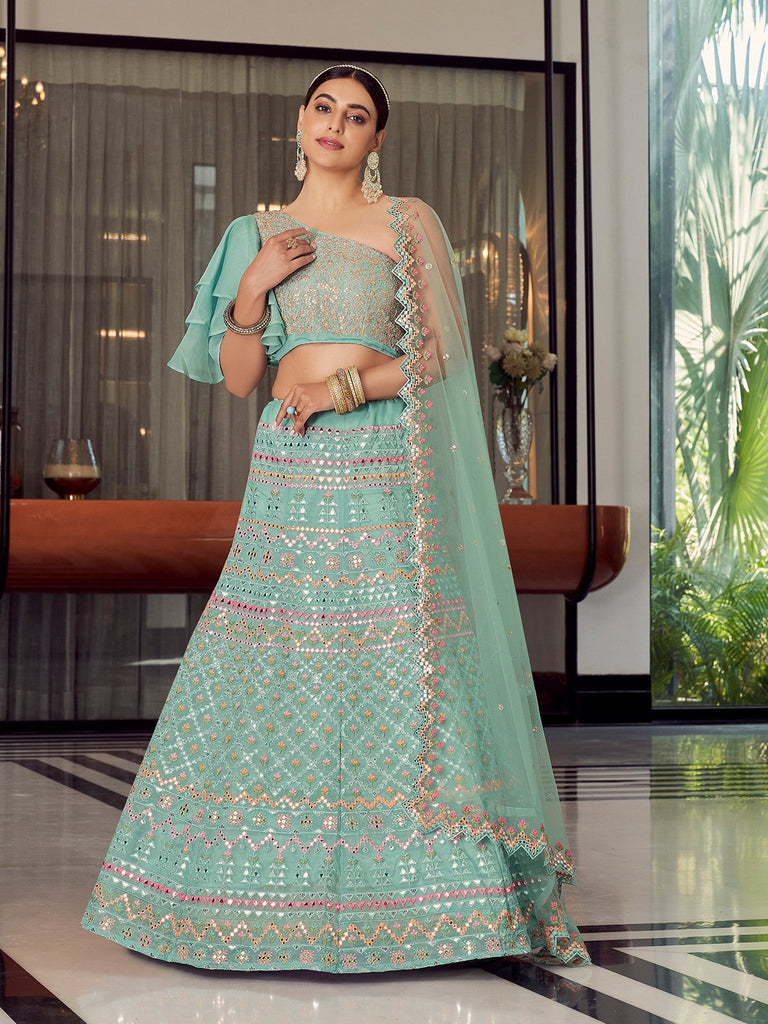 Sea Green Stunning Semi Stitched Lehenga With  Unstitched Blouse Clothsvilla