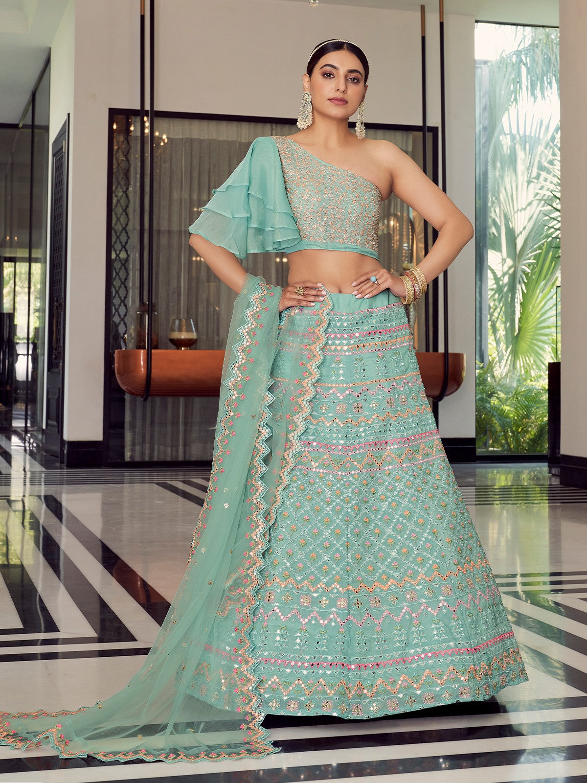Sea Green Stunning Semi Stitched Lehenga With  Unstitched Blouse Clothsvilla